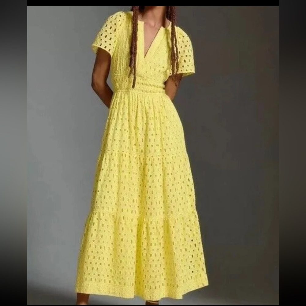 By Anthropologie Women's Somerset Maxi Dress Eyelet Edition Tiered Yellow Size S
